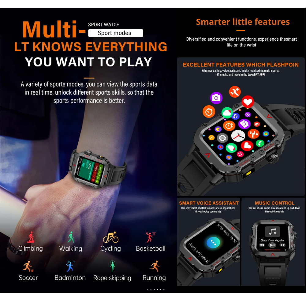 Outdoor Sports Smartwatch with LED Flashlight
