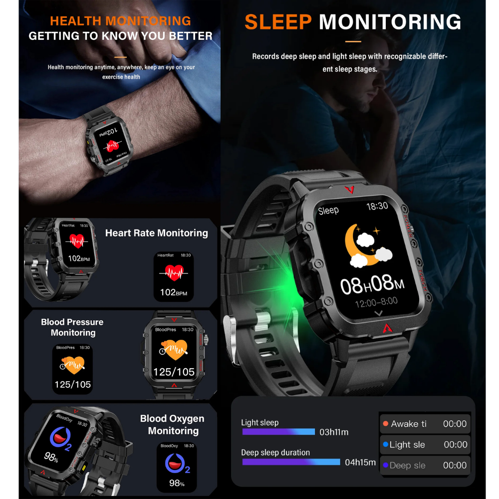 Outdoor Sports Smartwatch with LED Flashlight